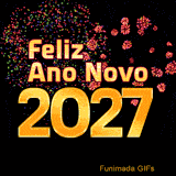 Fundo preto servindo de palco para múltiplos fogos de artifício compostos por pontos coloridos, iluminando o texto laranja Feliz Ano Novo e o grande número 2027 em ouro.