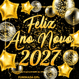 Design festivo que simula uma decoração real, com balões metálicos e chuva de brilhos dourados destacando a tipografia cursiva para a celebração de 2027.