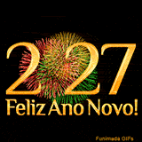 Fundo preto destacando os números dourados 2, 2 e 7, onde o dígito zero é substituído criativamente por uma explosão de fogos de artifício vermelhos e verdes.