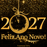 Fundo preto coberto por uma textura de pontos dourados brilhantes, destacando o ano 2027 onde o zero é substituído por um relógio ornamentado marcando quase doze horas.