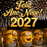 Montagem festiva dividida em duas partes: no topo, fogos de artifício e o texto dourado Feliz Ano Novo 2027; abaixo, um grupo de Minions aplaudindo e rindo.