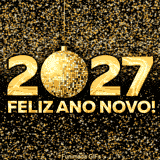 Fundo preto repleto de estrelas douradas cintilantes, destacando o ano 2027 onde o dígito zero é substituído por uma bola de discoteca brilhante e texturizada.