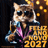 Gato tigrado usando óculos de sol e um paletó brilhante com lantejoulas, segurando elegantemente uma taça de champanhe, com o texto Feliz Ano Novo 2027 ao lado.