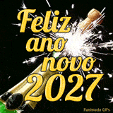 Animação em close de uma garrafa de champanhe verde sendo aberta, com a rolha saltando longe e liberando uma explosão de faíscas brancas atrás do texto amarelo Feliz ano novo 2027.
