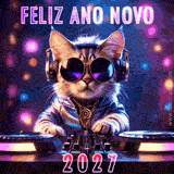 Ilustração digital divertida de um felino atuando como DJ, usando óculos escuros e correntes de ouro, mixando música para celebrar a chegada de 2027 em clima de balada.
