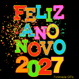 GIF festivo onde papéis picados caem sobre uma tipografia vibrante e colorida que deseja Feliz Ano Novo 2027, transmitindo diversão e energia.