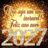Design luxuoso de Ano Novo apresentando o número 2027 incrustado de diamantes brilhantes, sob a mensagem cursiva elegante Que seja um ano incrível! em fundo dourado.