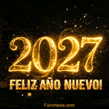 Animación festiva que muestra el año 2027 formado por polvo de oro luminoso. Las partículas centellean alrededor de la tipografía para celebrar el año nuevo con elegancia.