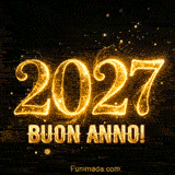Animazione festosa che mostra l'anno 2027 formato da polvere d'oro luminosa. Le particelle brillano attorno alla tipografia per celebrare il capodanno con eleganza.