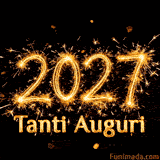 Una GIF festosa per celebrare il 2027. Scintille dorate formano i numeri dell'anno, illuminando l'oscurità sopra l'allegro augurio 'Tanti Auguri'.