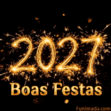 Animação de votos para o Ano Novo mostrando 2027 traçado em faíscas. Os números crepitam de luz, acompanhados de uma mensagem 'Boas Festas' elegante em baixo.