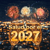 Dos copas de champán brindan frente a un horizonte urbano borroso por la noche. Fuegos artificiales coloridos explotan en el cielo sobre el texto dorado 'Salud por el 2027'.