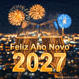 Animação de votos para o Ano Novo mostrando um brinde festivo. As bolhas sobem nos copos de champanhe enquanto o fogo de artifício ilumina o fundo atrás da mensagem 2027.