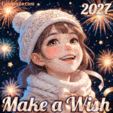 Animated New Year greeting featuring a sweet anime character. The girl gazes at the 2027 fireworks with joy, accompanied by the magical text 'Make a Wish' at the bottom.