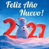 Animación invernal de felicitación donde un muñeco de nieve se integra en el año 2027. La nieve cae suavemente alrededor de los números rojos y el alegre personaje sobre un fondo azul.