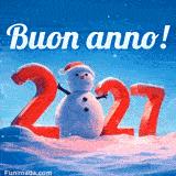 Grandi numeri rossi in 3D formano l'anno 2027 in un paesaggio innevato. Lo zero è sostituito da un pupazzo di neve sorridente con cappello di Natale, sotto un cielo blu con il testo 'Buon anno!'.