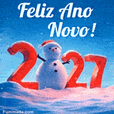 Grandes números vermelhos em 3D formam o ano 2027 numa paisagem coberta de neve. O zero é substituído por um boneco de neve sorridente com gorro de Natal, sob um céu azul com o texto 'Feliz Ano Novo!'.