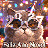 Animação de votos para o Ano Novo protagonizada por um gato sério em traje festivo. O felino usa óculos 2027 cintilantes mas parece totalmente indiferente, criando um contraste divertido com o fundo alegre.