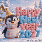 A happy penguin in a gold hat stands next to big pink fuzzy letters spelling 'Happy New Year 2027' in the snow. The texture of the text looks like soft felt or plush fabric.