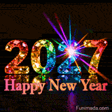 Large numbers '2027' are made of faceted gemstones in orange, yellow, blue, and purple. They sparkle against a black background, reflecting light below pink 'Happy New Year' text.