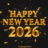 Large numbers '2026' are made of faceted gemstones in orange, yellow, blue, and purple. They sparkle against a black background, reflecting light below pink 'Happy New Year' text.