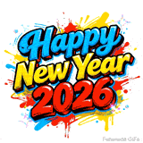 'Happy New Year 2026' is written in vibrant graffiti bubble letters on a white background. The text features blue, yellow, and red colors surrounded by dynamic paint splatters.