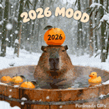 A relaxed capybara soaks in a wooden hot tub in a snowy bamboo forest. It has an orange with '2026' on it balanced on its head. The text above reads '2026 MOOD'.
