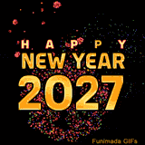 A dark night sky exploding with colorful red, green, and blue fireworks. Large glossy gold text reads NEW YEAR 2027, with the word HAPPY in smaller pink letters at the top.