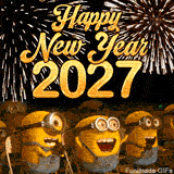 Three yellow Minions in denim overalls cheer excitedly in an audience. Above them, golden cursive text and bold numbers say Happy New Year 2027 against a black sky with fireworks.