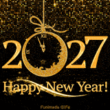 Large 2027 in gold. The zero is a hanging glittery Christmas ornament functioning as a clock showing almost midnight. The background is sparkling gold sequins. Happy New Year text below.