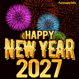 Bold 3D gold text reading Happy New Year takes up the center against a black background. Below it is a sparkling gold 2027. Colorful purple, red, and blue fireworks burst above.