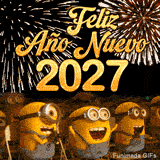Animación festiva que muestra a los populares Minions gritando de alegría mientras explotan luces pirotécnicas en el cielo nocturno sobre el gran número dorado 2027.