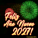 Animación festiva para el 2027 que muestra explosiones circulares de pirotecnia multicolor y un saludo de año nuevo con bordes rojos y relleno crema, resaltando sobre la oscuridad.