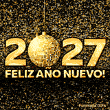 Ilustración festiva del año 2027 y el texto FELIZ AÑO NUEVO en bloques dorados, con una bola de discoteca que refleja luces entre destellos y estrellas blancas y amarillas.
