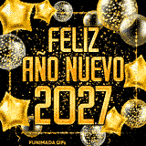 Texto dorado FELIZ AÑO NUEVO 2027 enmarcado por globos metálicos de color oro y una lluvia de pequeños papelillos brillantes que caen suavemente en una composición muy elegante.