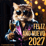Olvida los mensajes de siempre y comparte este gato con chaqueta disco. Es divertido, tiene clase y está listo para brindar por un año lleno de éxitos y buenos momentos.