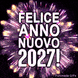 Luminose scintille d'oro e viola riempiono l'immagine di un fuoco d'artificio. Sopra l'esplosione si legge chiaramente il testo FELICE ANNO NUOVO 2027! in colore bianco.