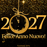 Elegante grafica di Capodanno con il testo dorato Felice Anno Nuovo! sotto l'anno 2027. Lo zero è rappresentato da un orologio a forma di decorazione natalizia scintillante.
