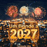 Duas taças de champanhe brindando em primeiro plano. Ao fundo, luzes desfocadas de uma cidade e fogos de artifício no céu. O texto dourado diz Um Brinde a 2027.