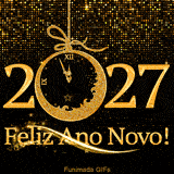 Fundo dourado cintilante com a escrita 2027. O número zero é um relógio suspenso com algarismos romanos marcando onze e cinquenta e cinco. Embaixo brilha Feliz Ano Novo!