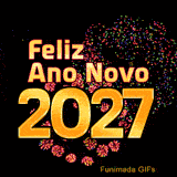 Céu noturno iluminado por fogos de artifício coloridos. No topo, o texto Feliz Ano Novo brilha sobre enormes números 3D dourados que formam o ano 2027 na parte inferior.