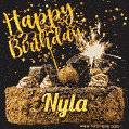 Celebrate Nyla's birthday with a GIF featuring chocolate cake, a lit sparkler, and golden stars
