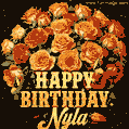 Beautiful bouquet of orange and red roses for Nyla, golden inscription and twinkling stars
