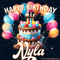Hand-drawn happy birthday cake adorned with an arch of colorful balloons - name GIF for Nyla