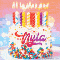 Personalized for Nyla elegant birthday cake adorned with rainbow sprinkles, colorful candles and glitter