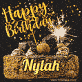 Celebrate Nylah's birthday with a GIF featuring chocolate cake, a lit sparkler, and golden stars