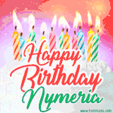 Bright birthday candles with rainbow flames on a cake, alongside the text 'Happy Birthday Nymeria' in vibrant script in this celebratory animated GIF.