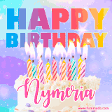 A vibrant animated name GIF with the words 'Happy Birthday Nymeria' with colorful candles on a creamy cake. The background sparkles with pastel shades, adding a festive touch.