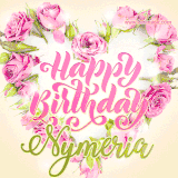 A stunning heart made of pink roses surrounds the elegant script text 'Happy Birthday Nymeria' on a soft beige background. Animated sparkles add a magical and festive feel.