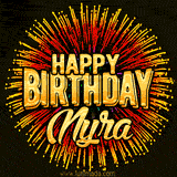 Golden 'Happy Birthday Nyra' text accompanied by animated rainbow fireworks for a festive animated greeting.